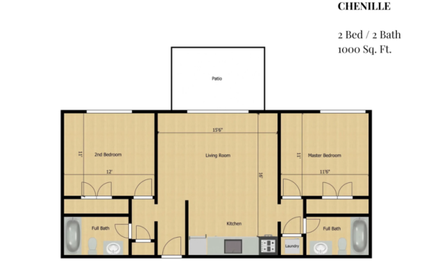 floor plan for the two bedroom apartment at The  Greenhouse Flats