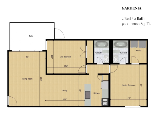 floor plan image of the two bedroom apartment at The  Greenhouse Flats