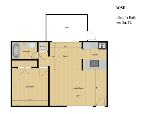 floor plan image of the one bedroom apartment at The  Greenhouse Flats