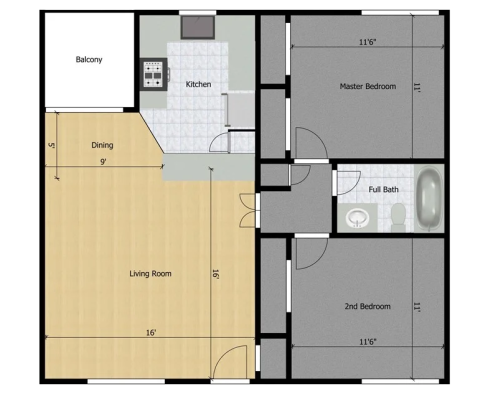 floor plan of a two bedroom apartment at The   Villa